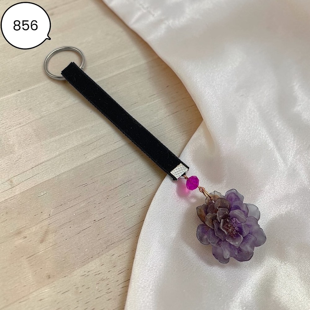Black Velvet Key & Card Holder with Purple Floral Charm